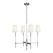 Polished nickel modern ceiling light with four cylindrical shades arranged in a cross pattern.