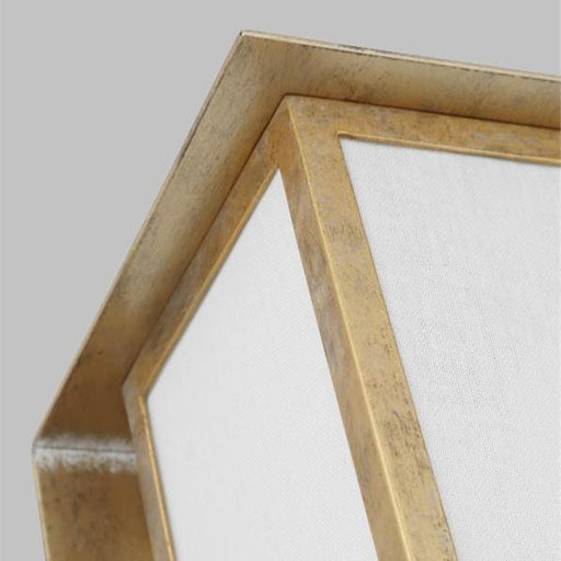 A close-up of a gold flush mount ceiling light showing the detail of its rim and diffuser.