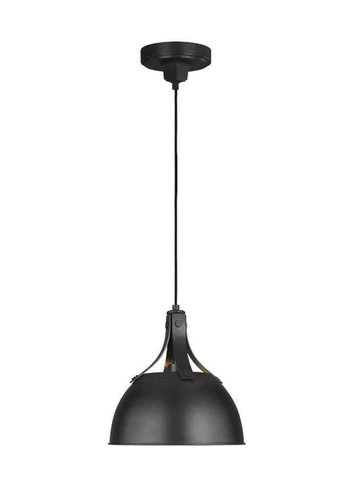 Antique ivory modern pendant light with a wide flat shade.