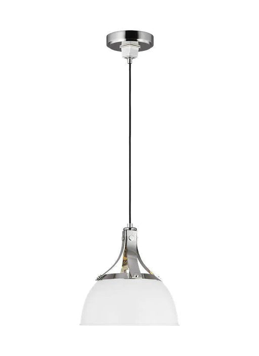 Polished nickel and matte white modern pendant light with a wide flat shade.