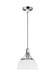 Polished nickel and matte white modern pendant light with a wide flat shade.