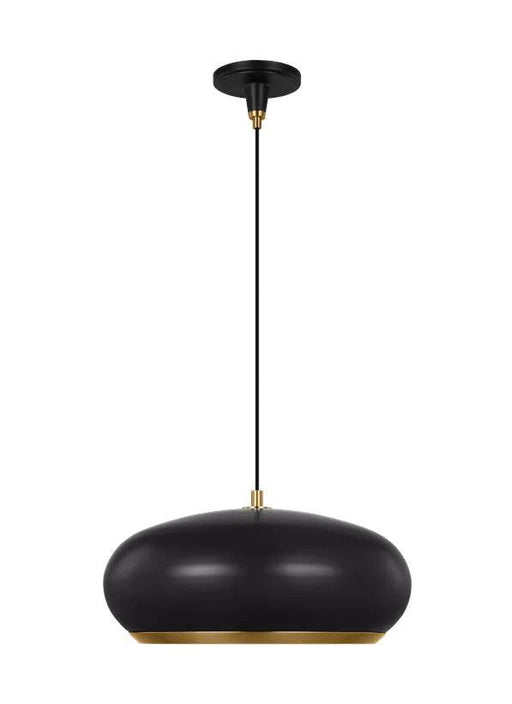 Antique ivory and distressed black modern pendant light with a flat conical shade.