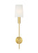 Distressed black wall sconce with a cylindrical light source and a distressed finish.