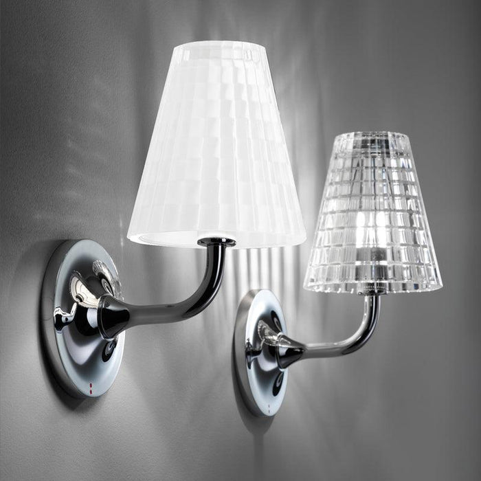 Large, modern wall sconce with a rectangular, metallic frame, side view.