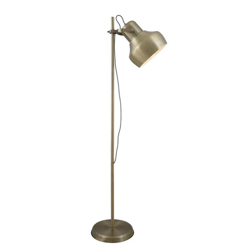 Aged bronze floor lamp with a rectangular base and a cylindrical fabric shade.
