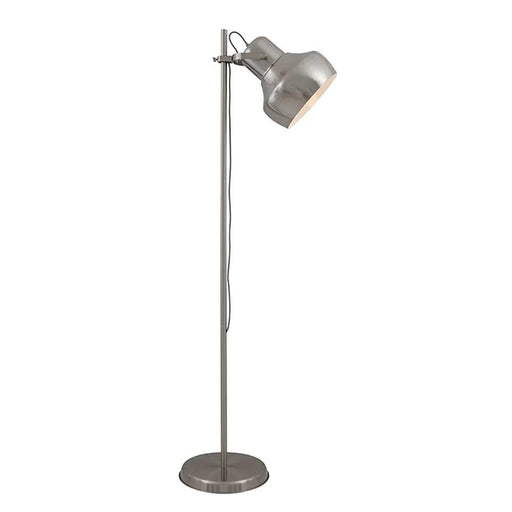 Nickel floor lamp with a rectangular base and a cylindrical fabric shade.