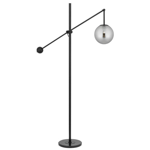 Black and smoky floor lamp with a cylindrical base and a spherical glass shade.
