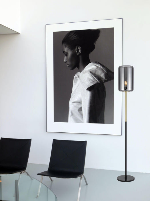 Brass floor lamp with a smoky glass shade, in a contemporary setting.