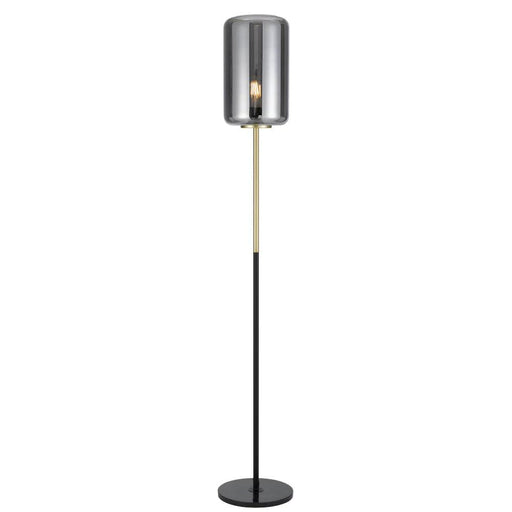 Brass floor lamp with a cylindrical base and a smoky glass shade.