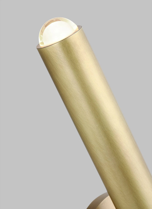 A side view of a modern cylindrical wall sconce with a bronze finish.
