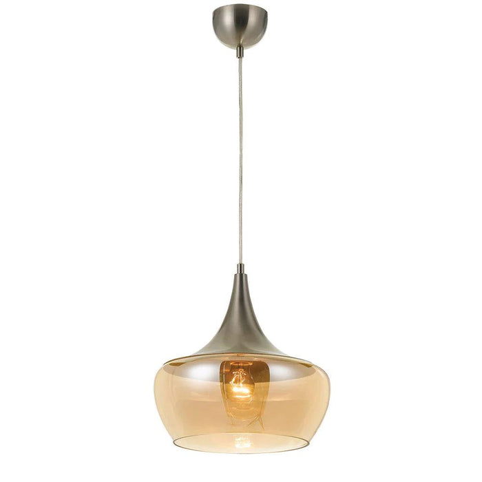 Chrome pendant light with a cylindrical shade and a clear glass diffuser.