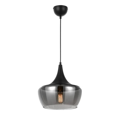 Black and smoky pendant light with a cylindrical shade and a spherical glass diffuser.