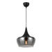 Black and smoky pendant light with a cylindrical shade and a spherical glass diffuser.