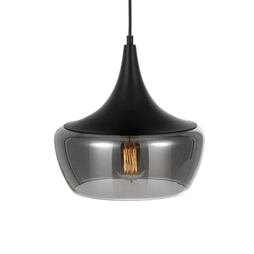 Nickel and smoky pendant light with a spherical glass diffuser, illuminated.