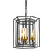 Black and aged bronze pendant light with three spherical glass shades.