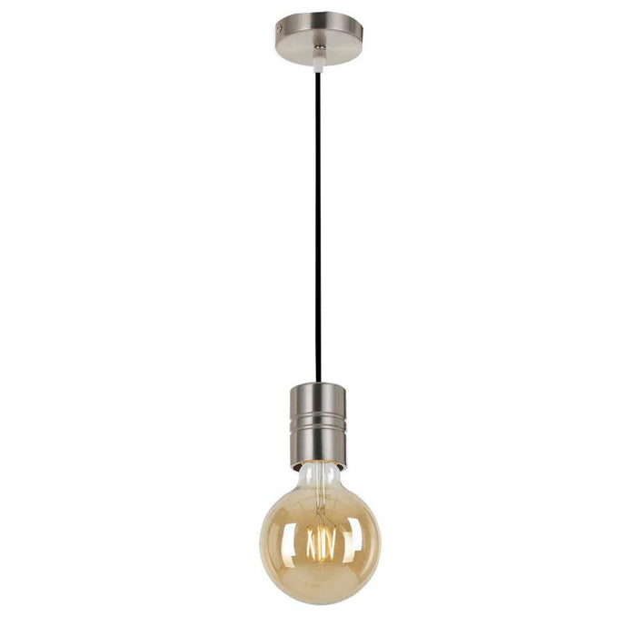 Nickel and black ceiling light with a cylindrical shade.