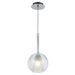 Clear glass pendant light with a spherical shape and a metallic cap.