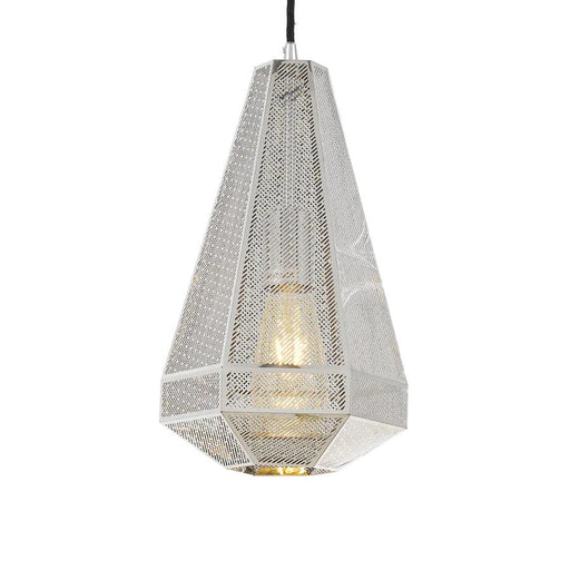 Chrome pendant light with a cylindrical shade and a spherical glass diffuser.