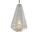Chrome pendant light with a cylindrical shade and a spherical glass diffuser.