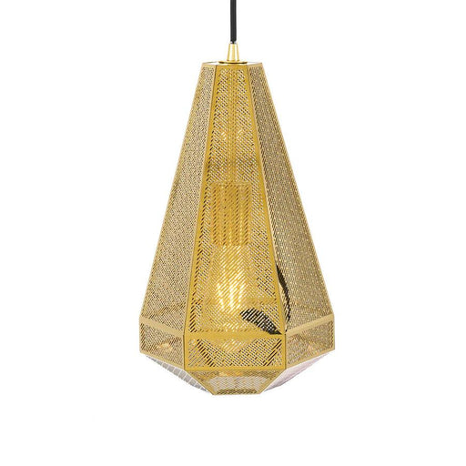 Gold pendant light with a cylindrical shade and a spherical glass diffuser.