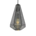 Gunmetal pendant light with a cylindrical shade and a spherical glass diffuser.