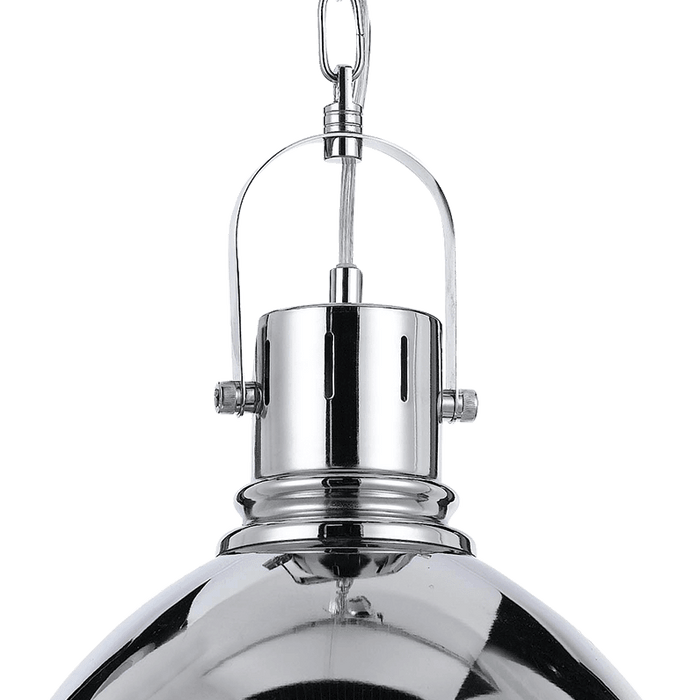 Chrome pendant light with a clear glass diffuser, side view.
