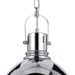 Chrome pendant light with a clear glass diffuser, side view.