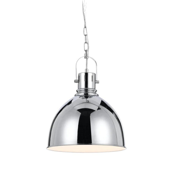 Chrome pendant light with a cylindrical shade and a clear glass diffuser.