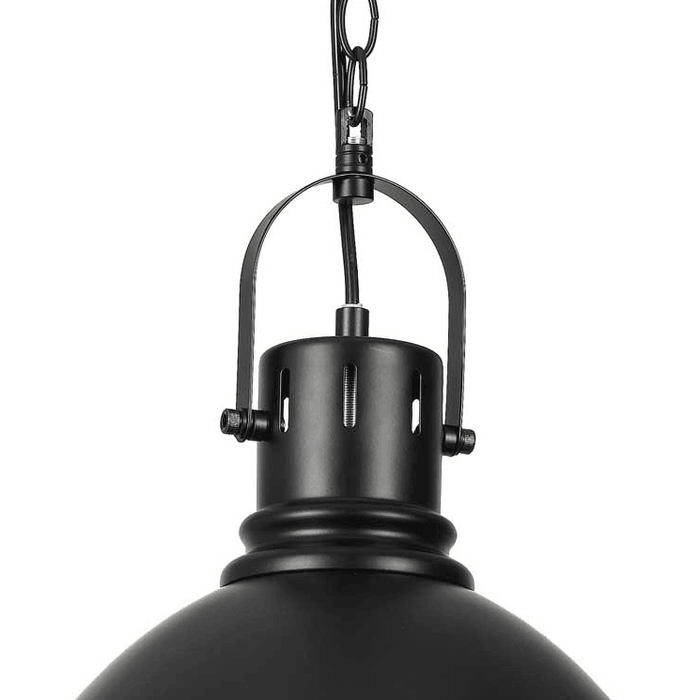 Black pendant light with a clear glass diffuser, side view.