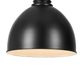 Black pendant light with a clear glass diffuser, angled view.