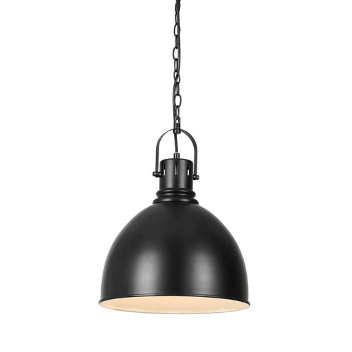 Black pendant light with a cylindrical shade and a clear glass diffuser.