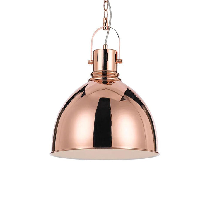Copper pendant light with a cylindrical shade and a clear glass diffuser.