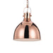 Copper pendant light with a cylindrical shade and a clear glass diffuser.