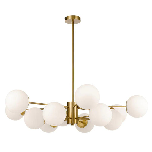 Aged gold pendant light with a cylindrical shade and an opal glass diffuser.