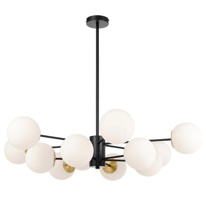 Black pendant light with a cylindrical shade and an opal glass diffuser.