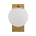 Aged gold outdoor wall sconce with upward/downward light, illuminated.