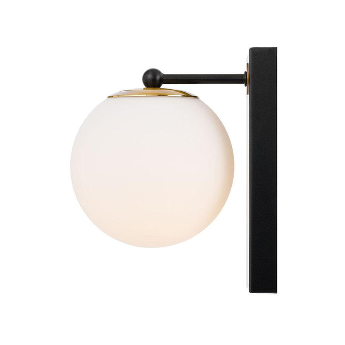 Black outdoor wall sconce with upward/downward light, side view.