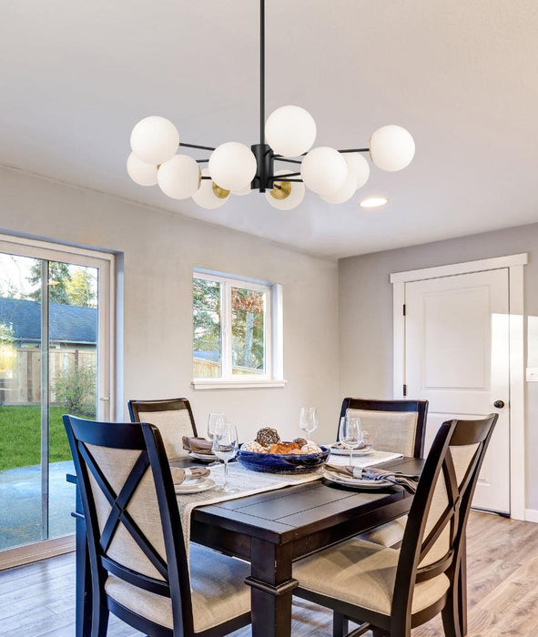 Black pendant light with an opal glass diffuser, cropped view.