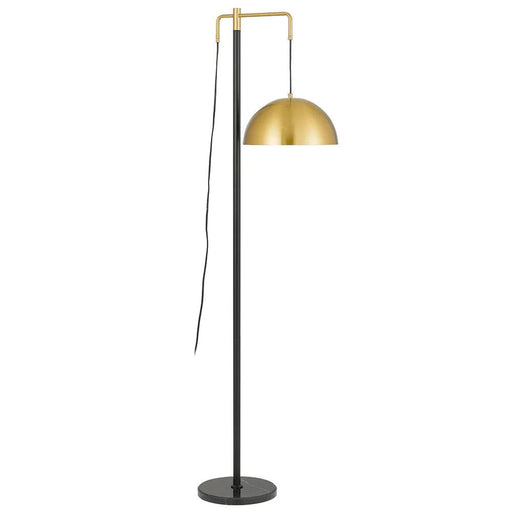 Black and aged gold floor lamp with a cylindrical base and a spherical glass shade.