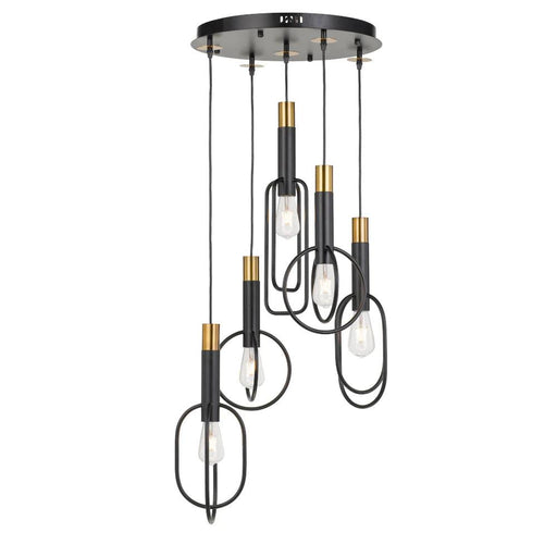 Black and gold five-light linear pendant with spherical frosted glass shades.