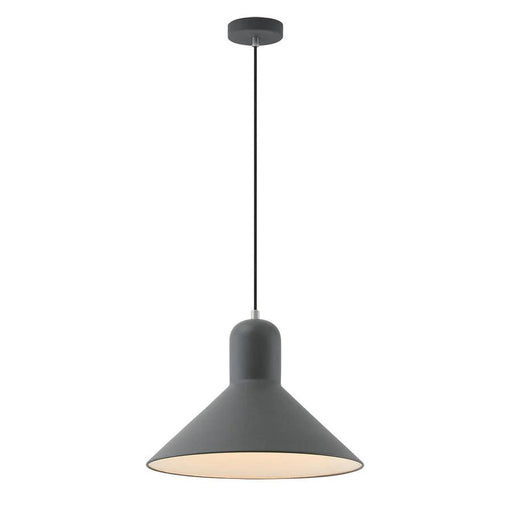 Black pendant light with a cylindrical shade and a conical diffuser.