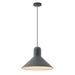 Black pendant light with a cylindrical shade and a conical diffuser.