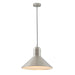 Nickel pendant light with a cylindrical shade and a conical diffuser.