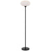 Black floor lamp with a cylindrical base and an opal glass shade.