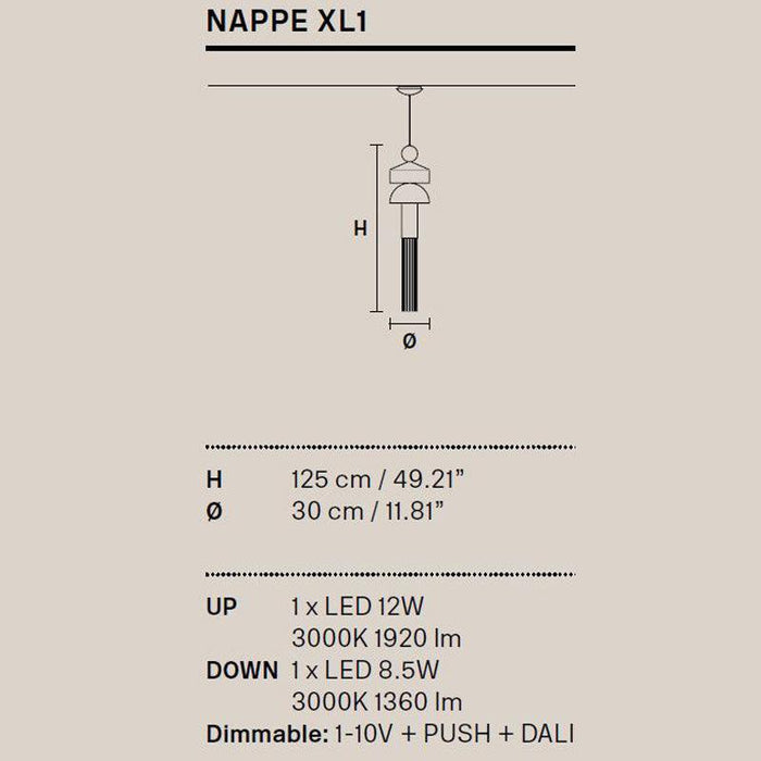 Diagram showing dimensions of a large, elongated glass pendant light.