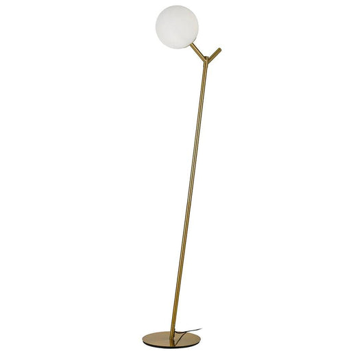 Aged gold floor lamp with a cylindrical base and an opal glass shade.