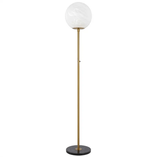 Aged gold floor lamp with a marble base and a spherical glass shade.