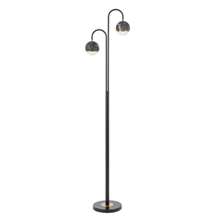 Black floor lamp with a rectangular base and a clear glass panel.