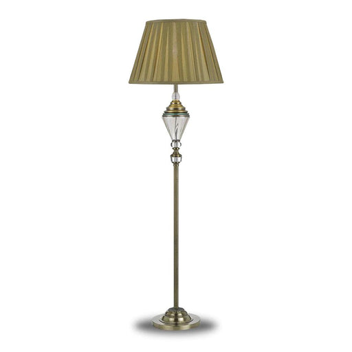 Aged gold floor lamp with a rectangular base and a rectangular fabric shade.
