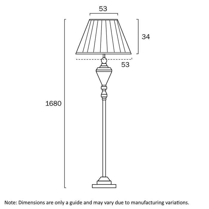 Aged gold floor lamp with a rectangular fabric shade, full view.